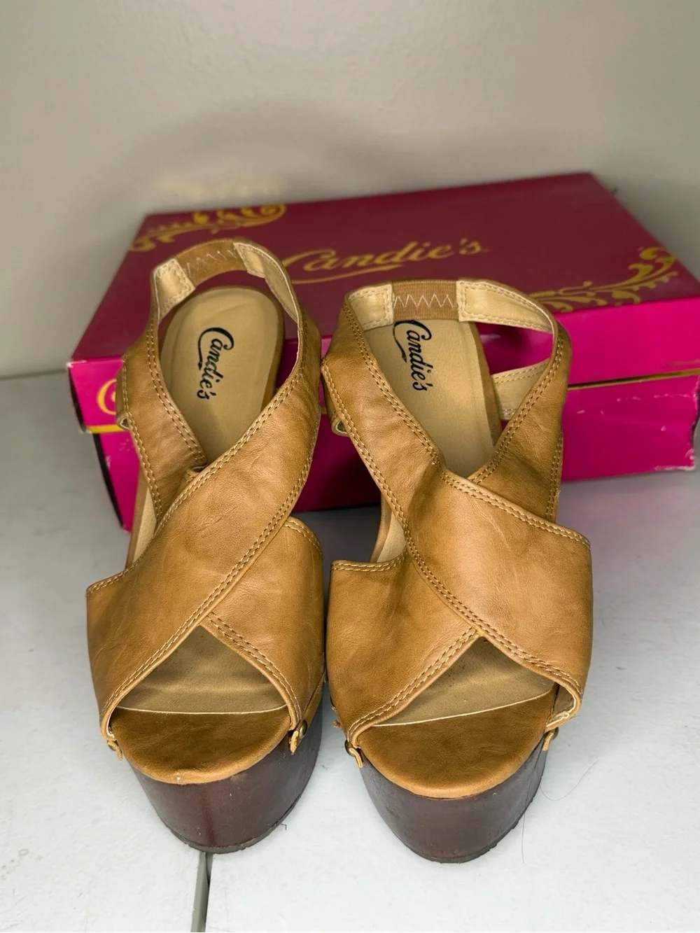 Candie's Cognac Leather Platform Wedge Sandals